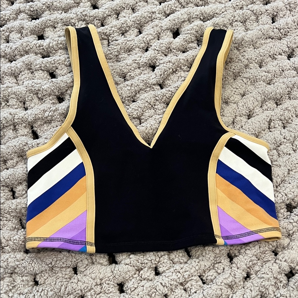 FP Movement by Free People Black V-Neck Sports Bra with Multicolor Stripe Trim